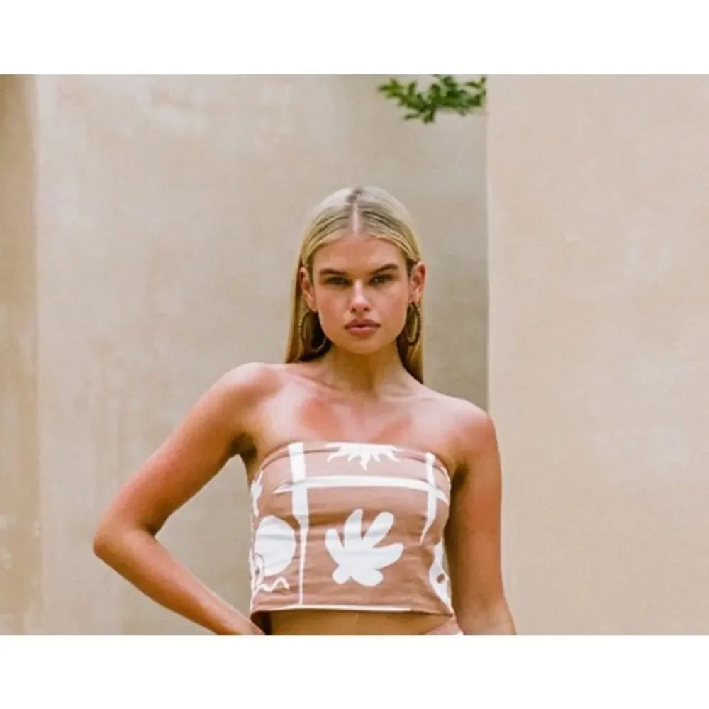 Sabo tan white print bandeau crop top